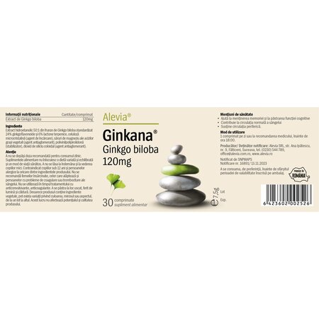 Pachet Ginkana Ginkgo Biloba, 120 mg, 30 + 30 comprimate, Alevia 700825