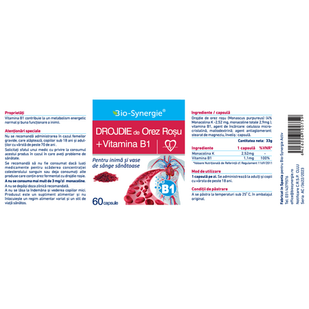 Drojdia de orez rosu + Vitamina B1, 60 capsule, Bio Synergie 705905