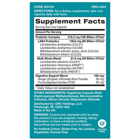 Probiotic Complex Extra Strength 100 Miliarde Culturi Vii (424632), 20 capsule, GNC 749908