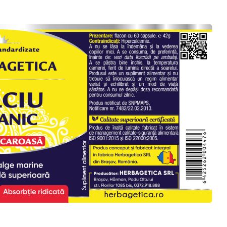 Calciu organic alga calcaroasa, 60 capsule, Herbagetica 688276