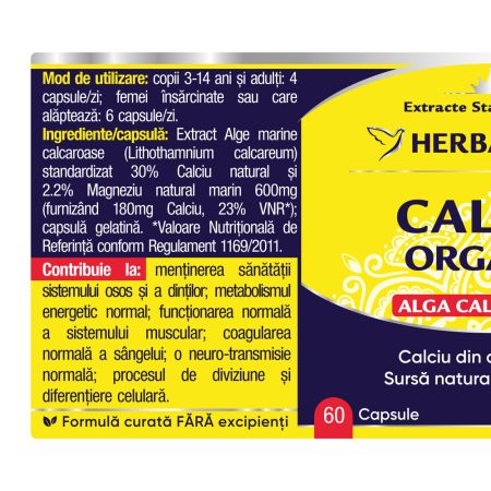 Calciu organic alga calcaroasa, 60 capsule, Herbagetica 688277