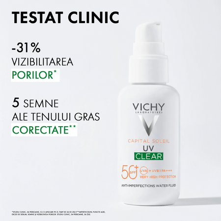 Fluid cu textura apoasa anti-imperfectiuni cu protectie solara SPF 50+ Capital Soleil UV Clear, 40 ml, Vichy 739754
