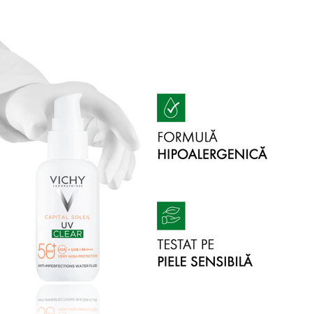 Fluid cu textura apoasa anti-imperfectiuni cu protectie solara SPF 50+ Capital Soleil UV Clear, 40 ml, Vichy 739753