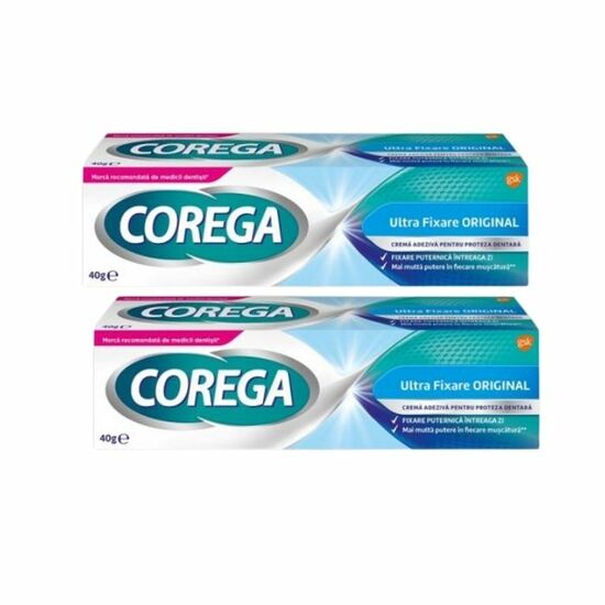 Crema adeziva pentru proteza dentara 1+1 Ultra Fixare Corega, 40 g + 40 g, Gsk