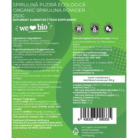 Pulbere de Spirulina Bio, 250 g, Obio 739209