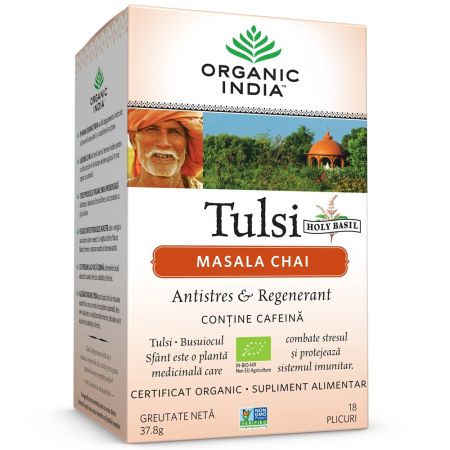 Ceai Bio Tulsi Masala Chai Relaxant si Regenerant, 18 plicuri, Organic India