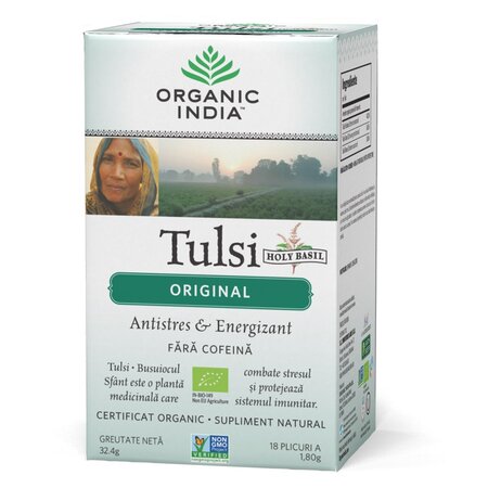 Ceai Bio Tulsi Original Antistres si Energizant, 18 plicuri, Organic India 714193