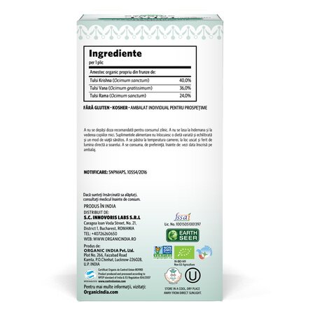 Ceai Bio Tulsi Original Antistres si Energizant, 18 plicuri, Organic India 714194