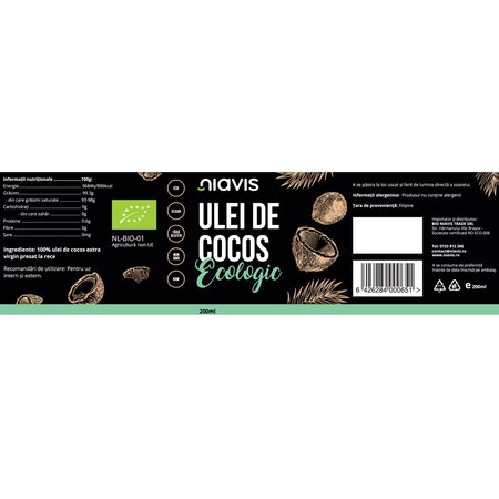 Ulei de cocos Bio extra virgin, 200 g, Niavis 601681