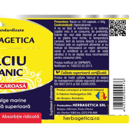 Calciu organic alga calcaroasa, 120 capsule, Herbagetica 688528