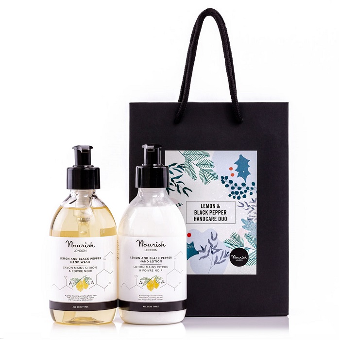 Pachet Sapun lichid Lemon and Black Pepper Hand Wash, 300 ml + Lotiune pentru maini Lemon and Black Pepper Hand Lotion, 300 ml, Nourish London