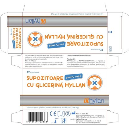 Supozitoare cu glicerina pentru copii, 1500 mg, 12 bucati, Hyllan 702057