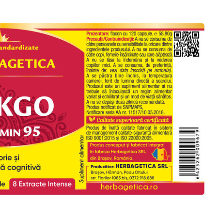 Ginkgo Curcumin 95, 120 capsule, Herbagetica 688636