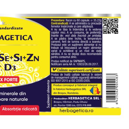 Ca+Mg+Se+Si+Zn cu Vitamina D3 Complex Forte, 60 capsule, Herbagetica 688280