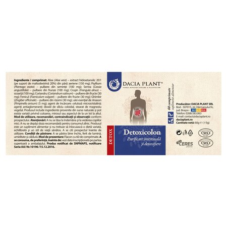 Detoxicolon, 60 comprimate, Dacia Plant 738541