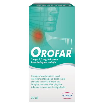 Orofar, 2 mg + 1,5 mg/ml spray bucofaringian, soluţie, 30 ml, Stada