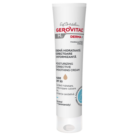 Crema hidratanta corectoare uniformizanta nuanta Nude cu factor de protectie SPF 30 H3 Derma+, 30 ml, Gerovital