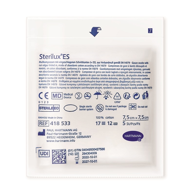 Comprese din tifon sterile Sterilux ES, 7.5 cm x 7.5 cm, 1 plic x 5 bucati, Hartmann