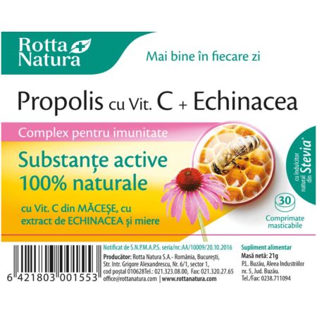 Propolis cu vitamina C si echinacea, 30 comprimate, Rotta Natura 647778
