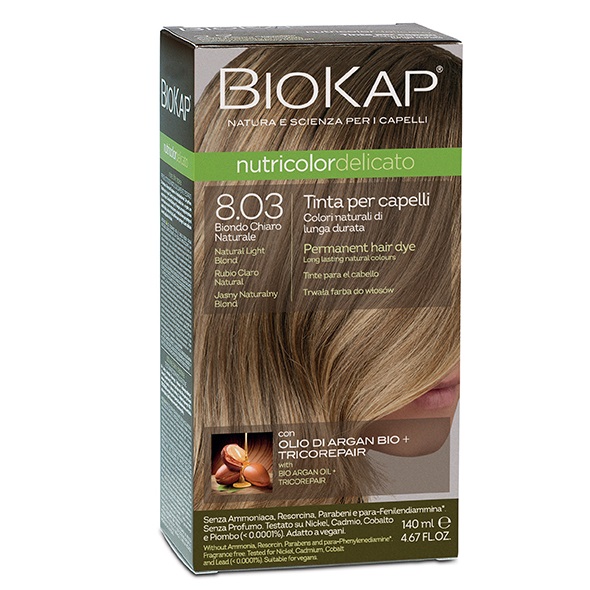 Vopsea permanenta pentru par Nutricolor Delicato, Nuanta Natural Light Blond 8.03, 140 ml, Biokap