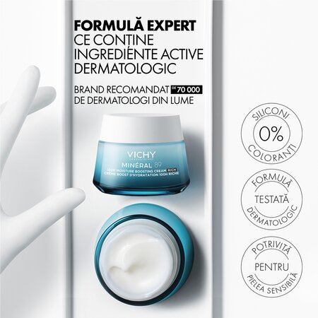 Crema intens hidratanta 100h pentru ten uscat Mineral 89, 50 ml, Vichy 666782