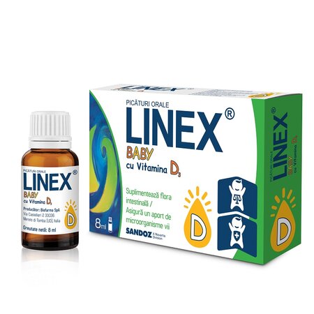 Linex Baby cu Vitamina D3 picături orale, 8 ml, Sandoz 551317