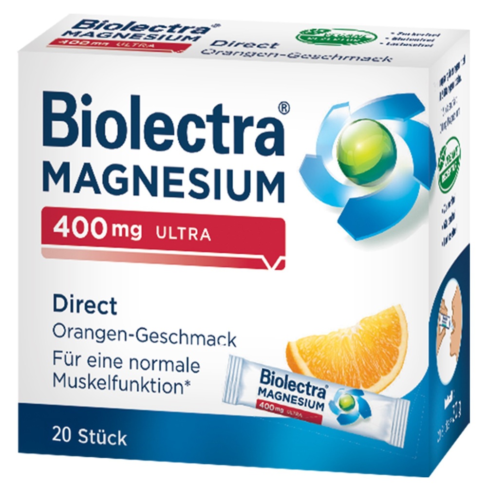 Magneziu cu aroma de portocale Biolectra Magnesium Direct Ultra, 400 mg, 20 plicuri, Hermes Arzneimittel