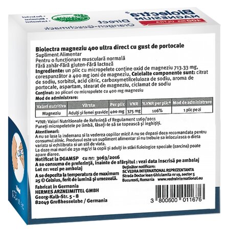 Magneziu cu aroma de portocale Biolectra Magnesium Direct Ultra, 400 mg, 20 plicuri, Hermes Arzneimittel 711821