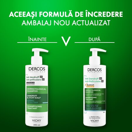 Sampon antimatreata pentru par normal spre gras si scalp cu senzatie de mancarime Dercos, 390 ml, Vichy 748048