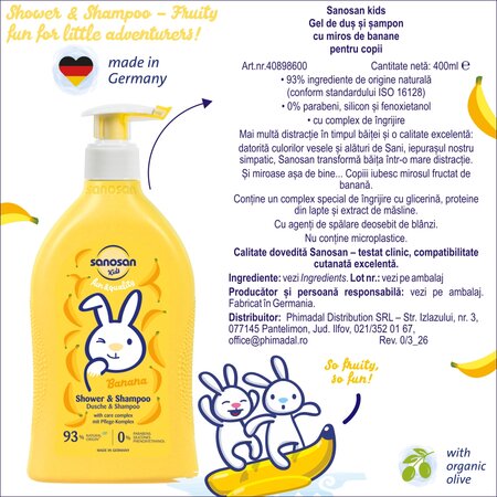 Gel de dus si sampon 2 in 1 cu aroma de banane, 400 ml, Sanosan 737574