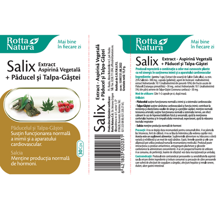 Extract Aspirina Vegetala + Paducel si Talpa Gastei Salix, 30 capsule, Rotta Natura 598207