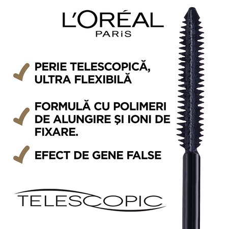 Mascara pentru alungire extrema Telescopic Black, 8 ml, LOreal 555510