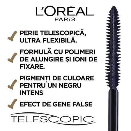 Mascara pentru alungire extrema Telescopic Carbon Black, 8 ml, LOreal 555506