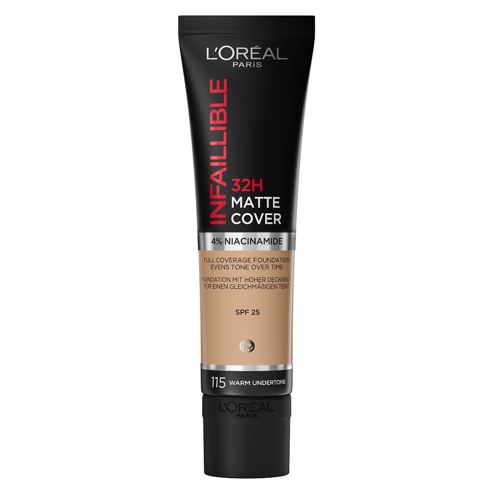 Fond de ten mat cu SPF 25 Infaillible 32H Matte Cover, 115 Warm Undertone, 30 ml, LOreal