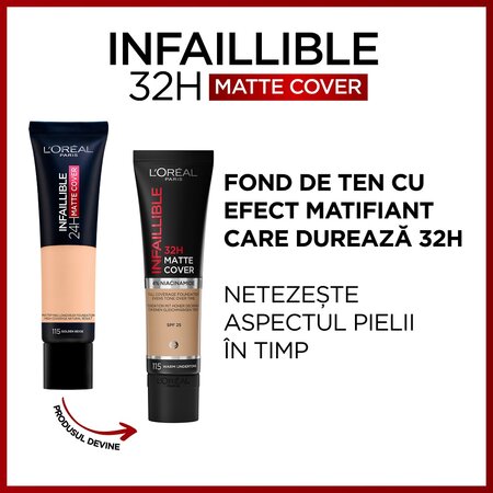 Fond de ten mat cu SPF 25 Infaillible 32H Matte Cover, 115 Warm Undertone, 30 ml, LOreal 555396