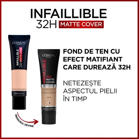 Fond de ten mat cu SPF 25 Infaillible 32H Matte Cover, 110 Cool Undertone, 30 ml, LOreal 555402