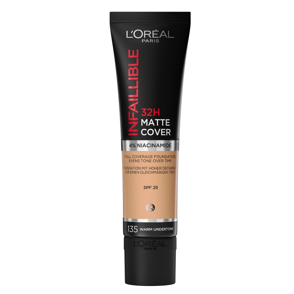 Fond de ten mat cu SPF 25 Infaillible 32H Matte Cover, 135 Warm Undertone, 30 ml, LOreal