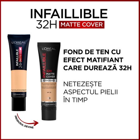 Fond de ten mat cu SPF 25 Infaillible 32H Matte Cover, 135 Warm Undertone, 30 ml, LOreal 555416