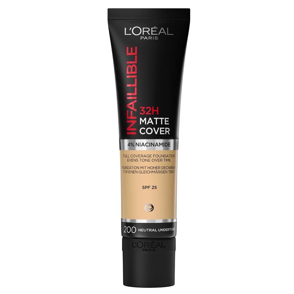 Fond de ten mat cu SPF 25 Infaillible 32H Matte Cover, 200 Neutral Undertone, 30 ml, LOreal