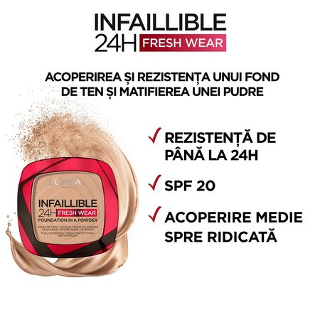 Pudra compacta Infaillible 140 Golden Beige 24H Fresh Wear Powder, 9 g, LOreal 555525