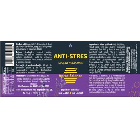 Miere poliflora Anti-Stres, 240 g, ApicolScience 704473