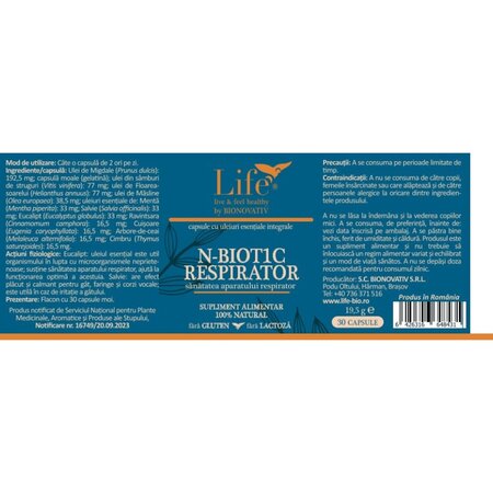 Capsule cu uleiuri esentiale N-Biot1c Respirator Life, 30 capsule, Bionovativ 714463