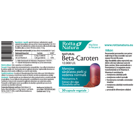 Beta-Caroten, 12000 UI, 30 capsule vegetale, Rotta Natura 705259