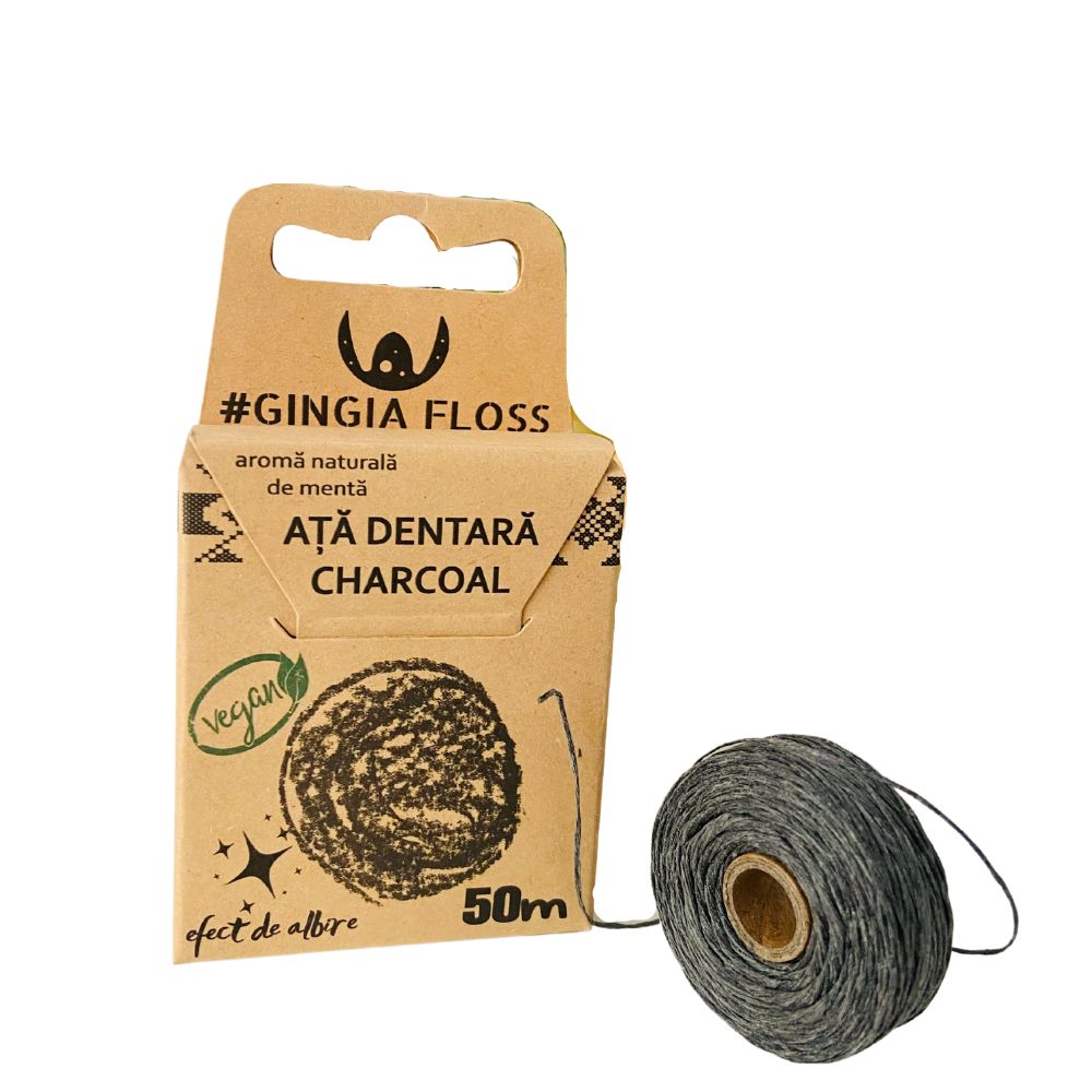 Ață dentară charcoal, fibră cerată, subțire, aromă mentă, 50 m, Gingia