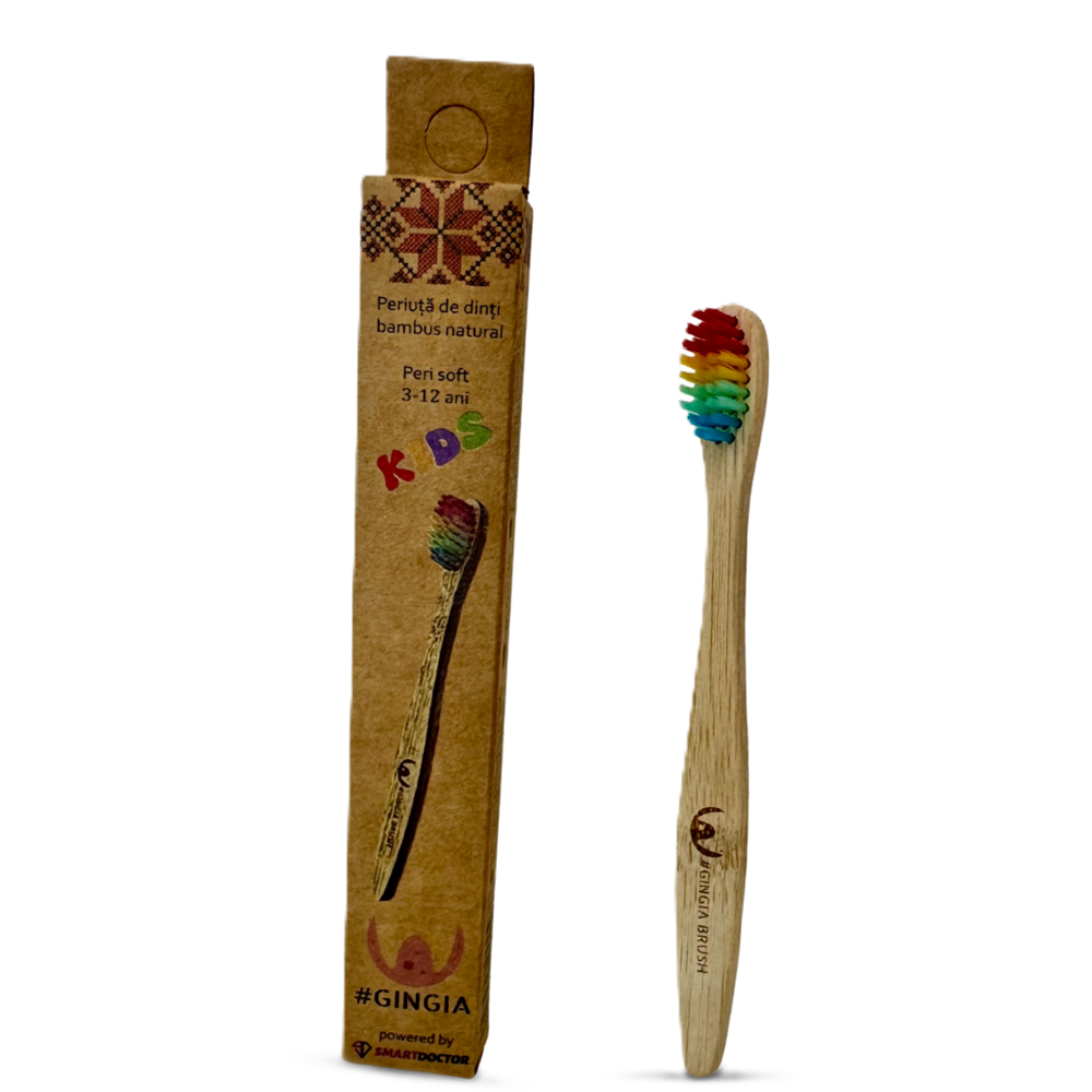 Periuta curcubeu de dinti din bambus 3-12 ani Kids, 7680 peri ultrasoft, 1 bucata, Gingia