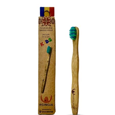 Periuta de dinti din bambus kids, 2+ ani, soft, albastru-verde, 1 bucata, Gingia
