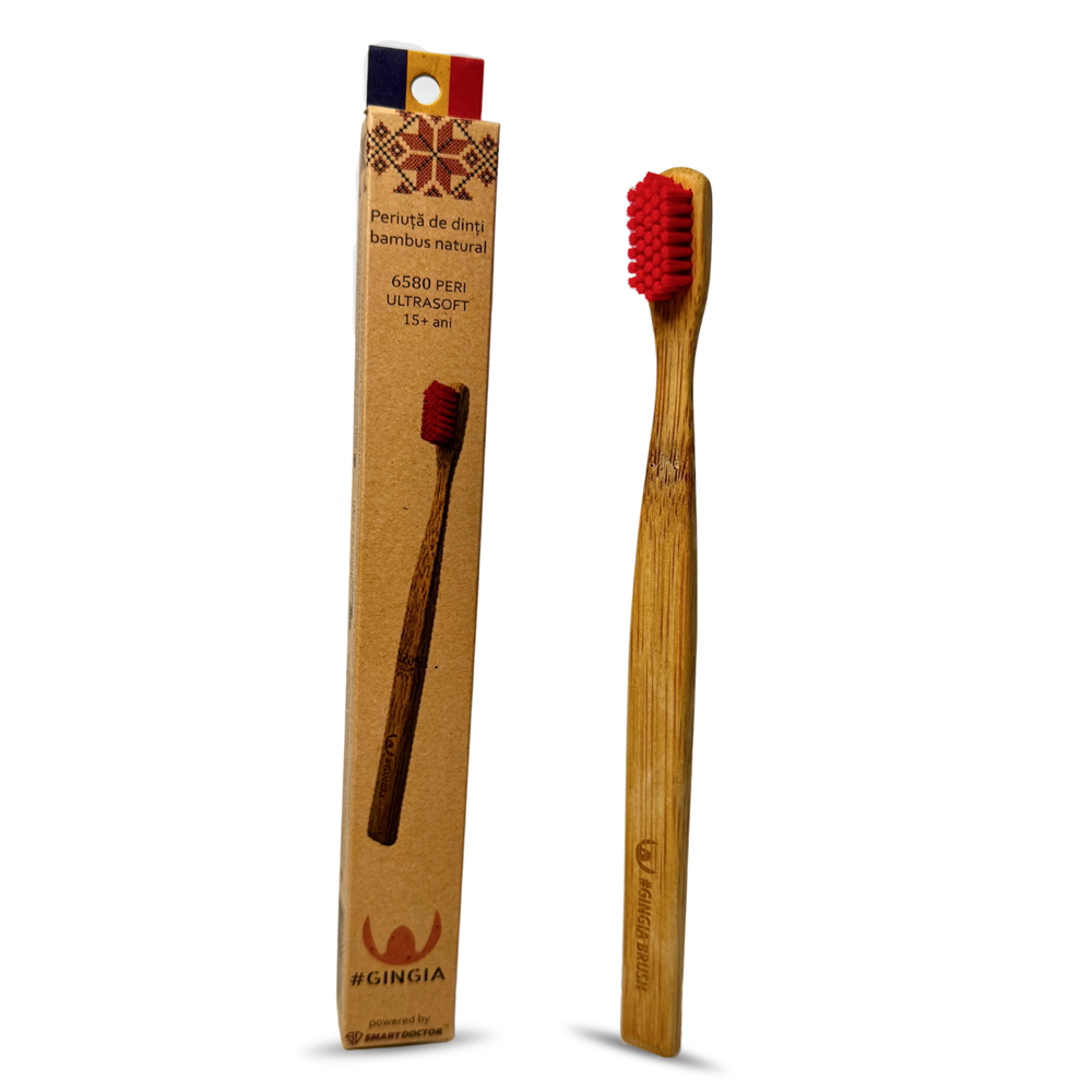 Periuta roz de dinti din bambus pentru 15+ ani, 6580 peri ultrasoft, 1 bucata, Gingia