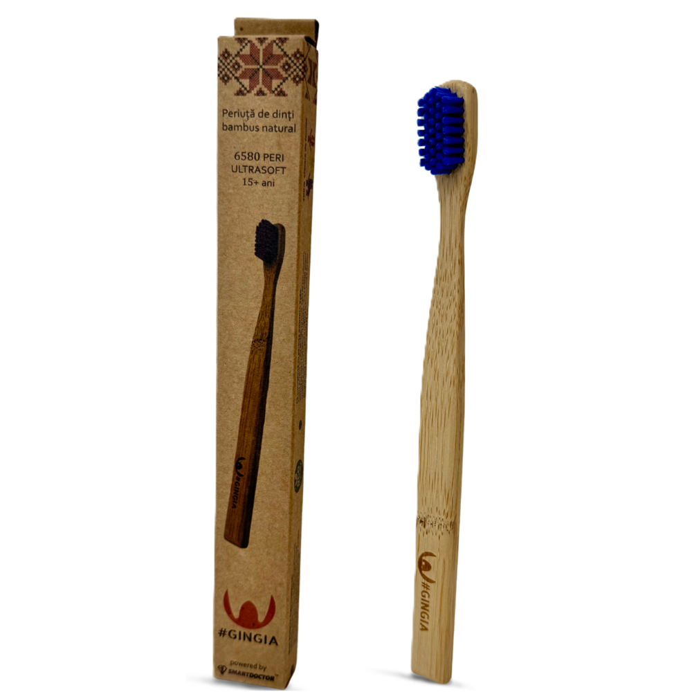 Periuta albastra de dinti din bambus pentru 15+ ani, 6580 peri ultrasoft, 1 bucata, Gingia