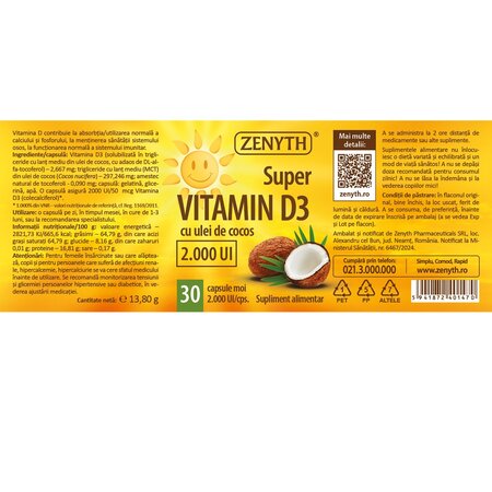 Super Vitamina D3, 2000 UI, 30 capsule moi, Zenyth 702360