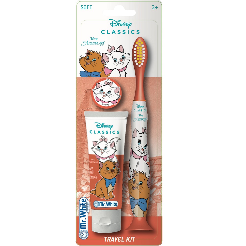 Pachet Periuta de dinti soft cu ventuza Aristocats + Pasta de dinti cu aroma de capsuni pentru copii +3 ani, 25 ml, Mr. White